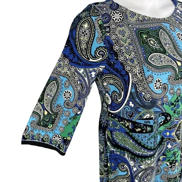 CHICOS 1 Medium Blue White Paisley 3/4 Sleeve Knit Bodycon Outdoor Shift Dress - Picture 5 of 16